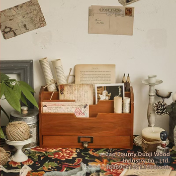 Drveni stolni organizator za kućanstvo, višeslojni organizator knjiga sa ladicom, prilagodljiv model 56405, broj artikla 505456, prirodno drvo, moguć ispis logotipa