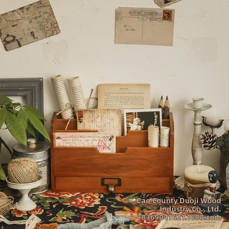 Drveni stolni organizator za kućanstvo, višeslojni organizator knjiga sa ladicom, prilagodljiv model 56405, broj artikla 505456, prirodno drvo, moguć ispis logotipa