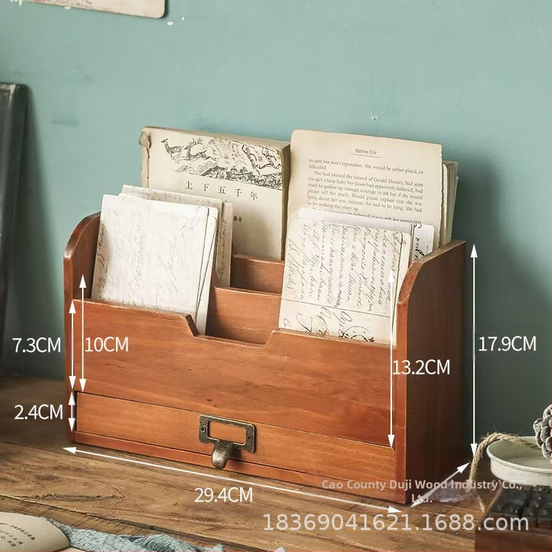 Дървен настолен органайзър за дома, многоетажен държач за книги със чекмедже, персонализируем модел 56405, номер на изделието 505456, естествено дърво, печат на лого възможен