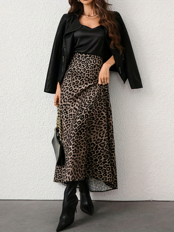 Пола с леопардов принт, висока талия, А-линия, миди дължина, 90-95% полиестер, есен 2025