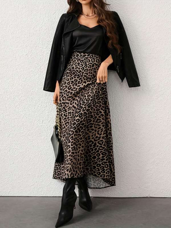 Leoparda raksts, augsta vidukļa A-līnijas midi svārki, 90–95% poliesteris, rudens 2025