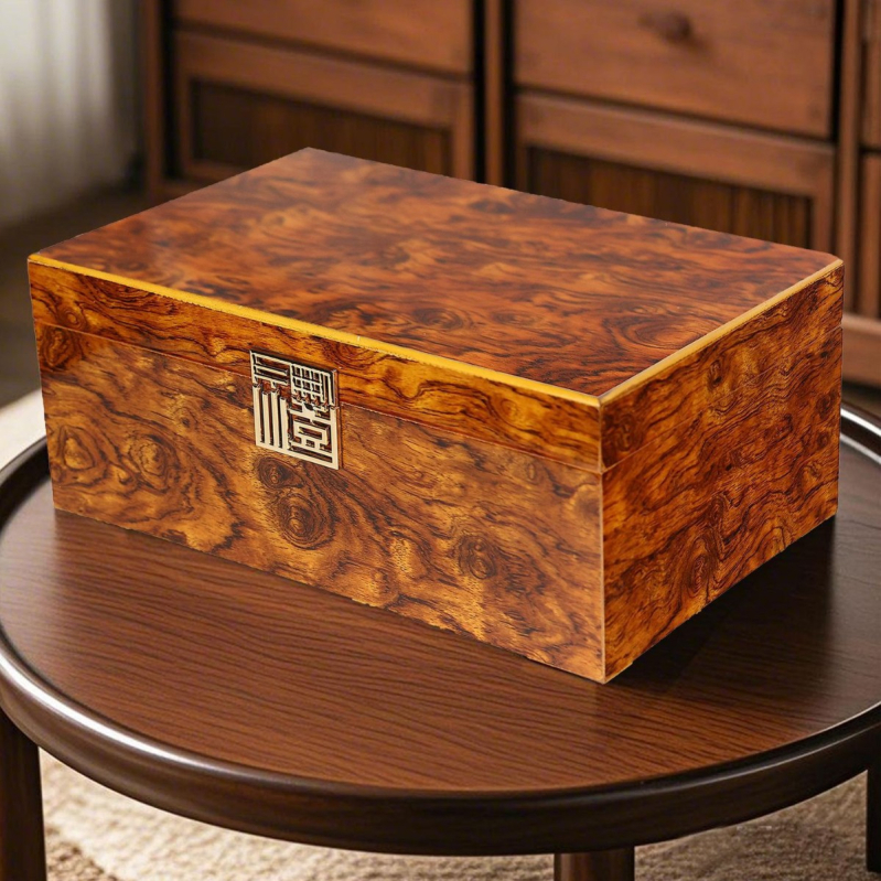 Cutie pentru ceai din fibră‑panou, interior catifelat, ștampilare aurie/argintie, imprimare siglă, ambalaj 12 buc.