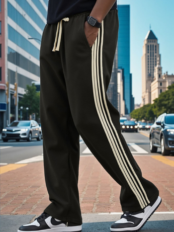 Vyriskos dryžuotos sportinės kelnes, iš medvilnės mišinio audinio, ilgos, vidutinio juosmens, mikroelastinės