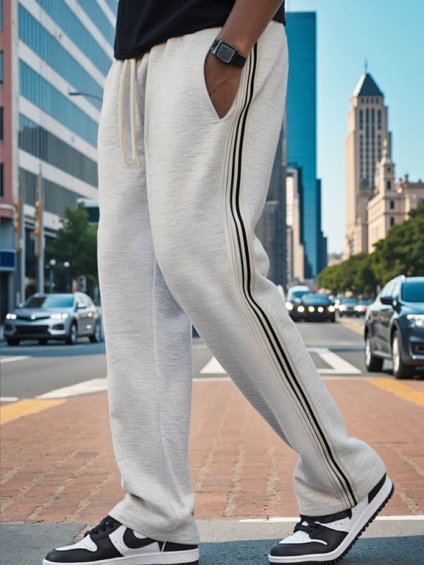 Vyriskos dryžuotos sportinės kelnes, iš medvilnės mišinio audinio, ilgos, vidutinio juosmens, mikroelastinės