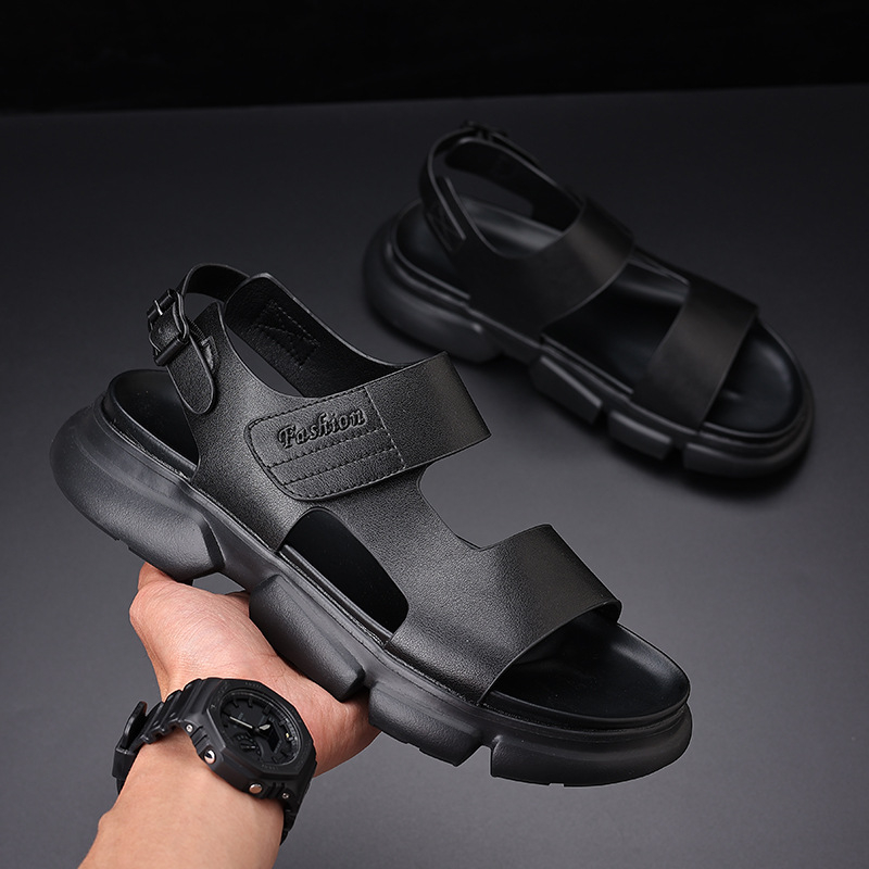 Muški sandali - Velcro zatvaranje, gornji dio od dvostruko slojevite goveđe kože, ležerni stil, protuklizna potplat