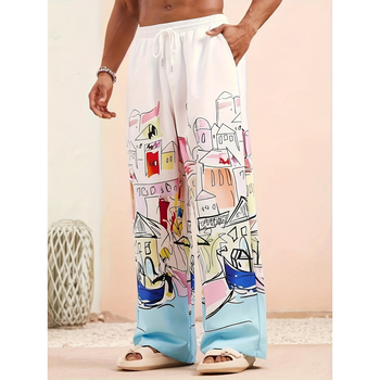 Casual παντελόνια – χαλαρή γραμμή, λάστιχο στη μέση, μακριά, εκτύπωση σε όλο το μήκος, ελαφριά ελαστικότητα, 95% πολυεστέρας/5% σπάντεξ