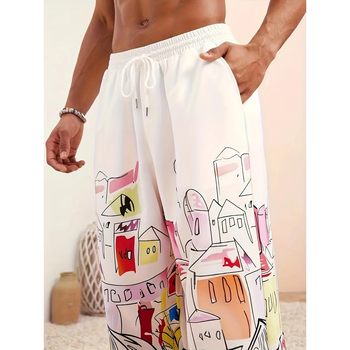 Casual παντελόνια – χαλαρή γραμμή, λάστιχο στη μέση, μακριά, εκτύπωση σε όλο το μήκος, ελαφριά ελαστικότητα, 95% πολυεστέρας/5% σπάντεξ