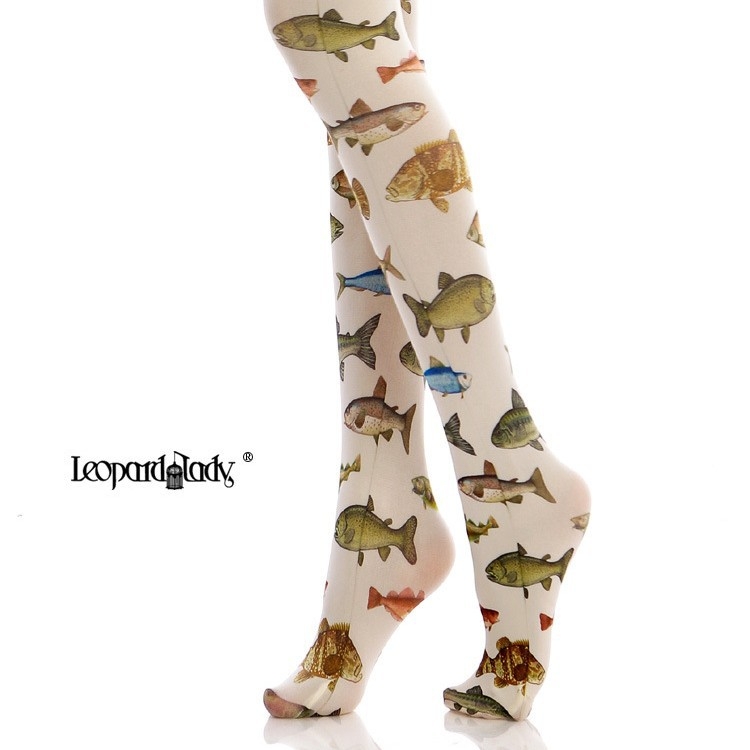 Pėdkelnės su tropinių žuvų atspaudu, mišinio audinys, vidutinio storio, su kojomis, suaugusių kojinės