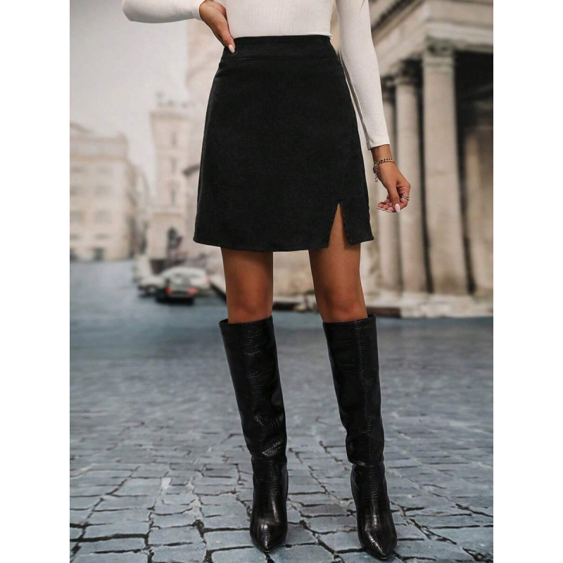 Fustă cu slit, croi lejer, stil retro, elasticitate ușoară, material CVC