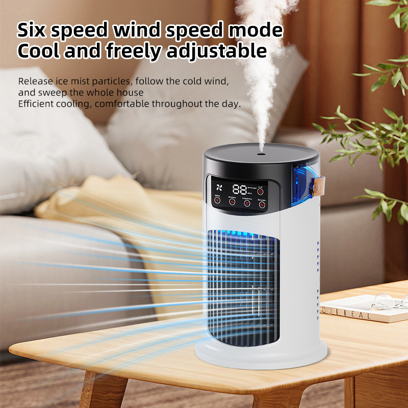 Datora galda gaisa dzesētājs ar iebūvētu mitrinātāju, bezkartāčais motors, iekļauta akumulators 1200–2000 mAh, darbības laiks 2–3 stundas