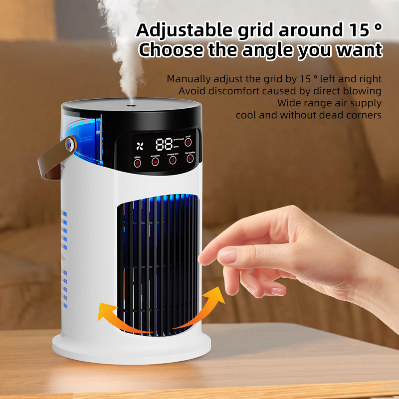 Datora galda gaisa dzesētājs ar iebūvētu mitrinātāju, bezkartāčais motors, iekļauta akumulators 1200–2000 mAh, darbības laiks 2–3 stundas