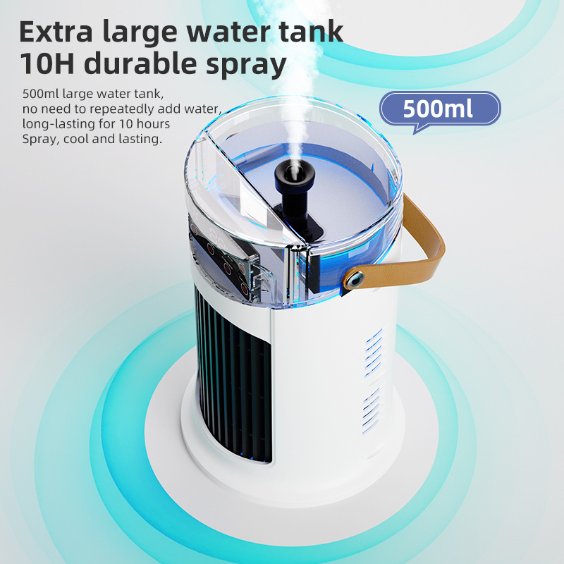 Datora galda gaisa dzesētājs ar iebūvētu mitrinātāju, bezkartāčais motors, iekļauta akumulators 1200–2000 mAh, darbības laiks 2–3 stundas