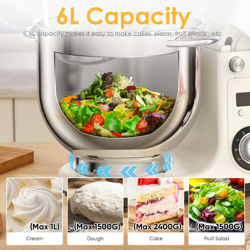 Direkt meghajtású tészta keverő, csendes üzemmóddal, 6 sebesség, kapacitás 5–10 L, motor fordulatszáma <10000 RPM, feszültség ≤36V