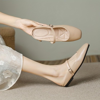 Γυναικείες Mary Jane flats με μία λουρίδα, τετράγωνη μύτη — κορυφαίο δέρμα, χαμηλό σφήνα τακούνι, σόλα από καουουκ αφρό