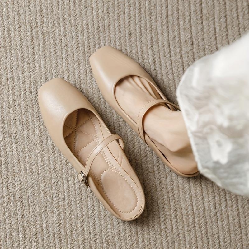 Pantofi femei Mary Jane, cu curea, vârf pătrat — piele top-grain, talpă din spumă de cauciuc, toc mic tip wedge
