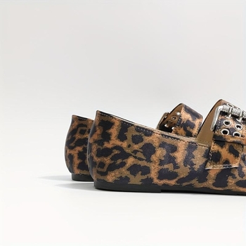 Γυναικεία φλατ με λεοπάρ, μαλακή σόλα, επάνω μέρος από ραφία, ύψος τακουνιού 0-1 cm