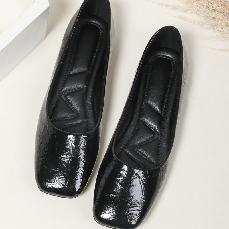 Γυναικείες επίπεδες παπούτσια σε γαλλικό ρετρό στυλ με τετράγωνη μύτη, PU επάνω μέρος, καουτσούκ σόλα, χαμηλό τακούνι, άνοιξη 2025