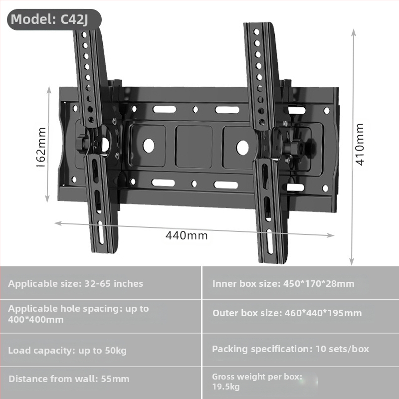 Čvrsti zidni nosač za televizor s podesivim držačem, od hladno valjanog čelika, model C42J, 1,85 kg