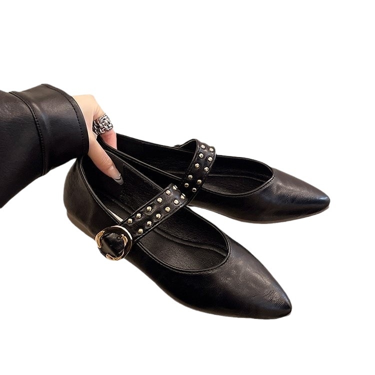 Sieviešu Mary Jane balerīnas ar smailu purnu, PU virsējais materiāls, zems papēdis līdz 3 cm, sprādzes aizdare, gumijas zole