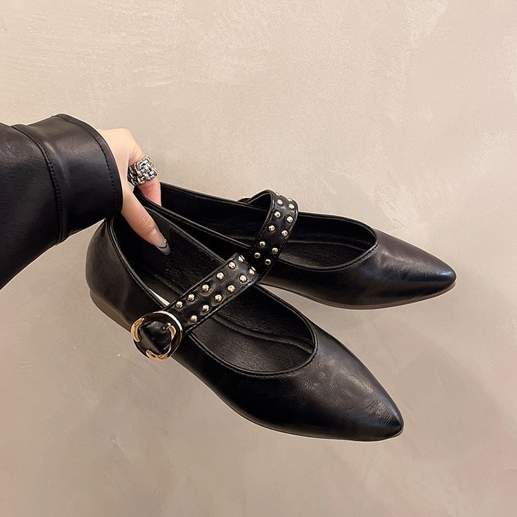 Sieviešu Mary Jane balerīnas ar smailu purnu, PU virsējais materiāls, zems papēdis līdz 3 cm, sprādzes aizdare, gumijas zole