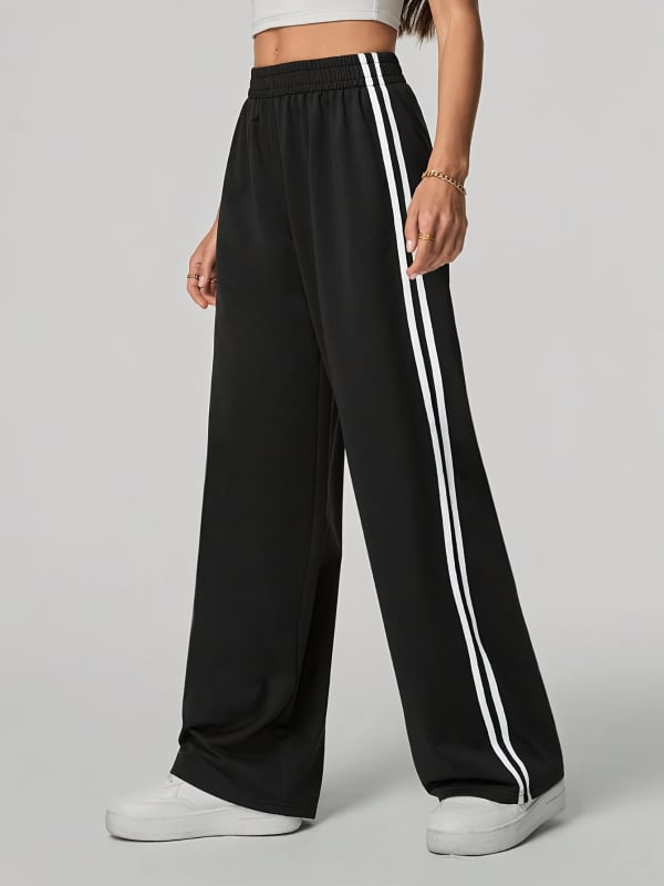 Női egyenes szárú sportnadrág, magas derék, laza szabás, hosszú, 95% poliészter, japán-koreai casual stílus