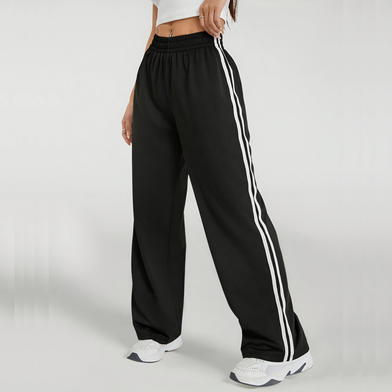 Női egyenes szárú sportnadrág, magas derék, laza szabás, hosszú, 95% poliészter, japán-koreai casual stílus