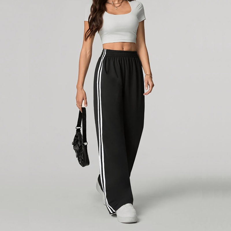Női egyenes szárú sportnadrág, magas derék, laza szabás, hosszú, 95% poliészter, japán-koreai casual stílus
