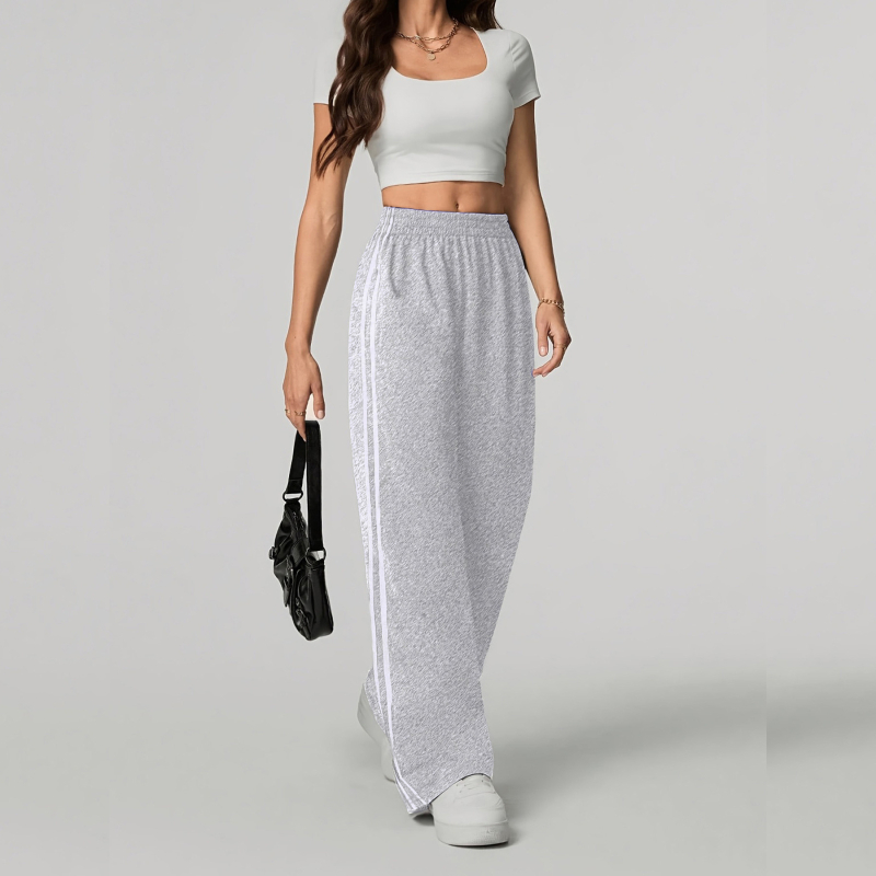 Női egyenes szárú sportnadrág, magas derék, laza szabás, hosszú, 95% poliészter, japán-koreai casual stílus