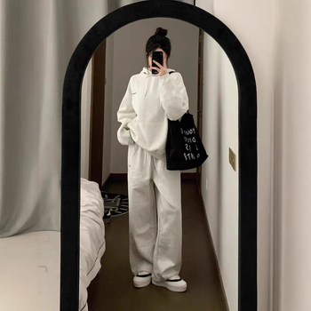 Γυναικείο casual σετ δύο τεμαχίων κορεατικού στυλ, πολυεστερικό με κέντημα, hoodie με κουκούλα και μακριές παντελόνες