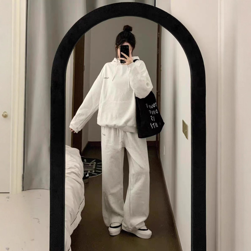 Ženski casual dvodijelni set u korejskom stilu, poliester, s izvezenim detaljima, hoodie s kapuljom i duge hlače