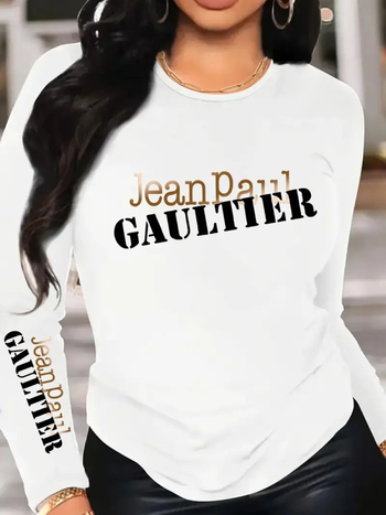 Μοντέρνο μπλουζάκι με μακριά μανίκια από βαμβάκι – gradient print με γράμματα, ψηφιακή άμεση εκτύπωση, στρογγυλός γιακάς, μεσαίου μήκους.