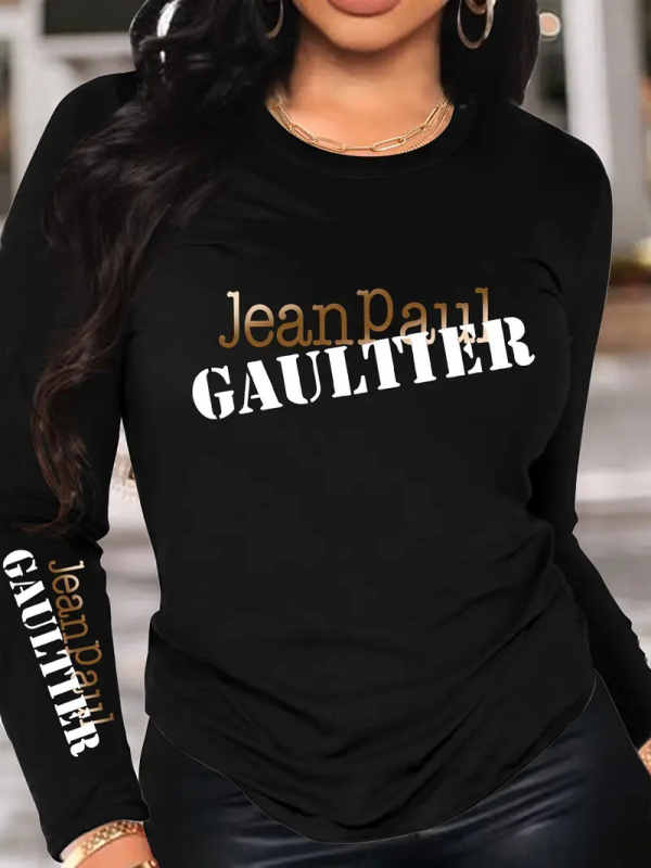 Μοντέρνο μπλουζάκι με μακριά μανίκια από βαμβάκι – gradient print με γράμματα, ψηφιακή άμεση εκτύπωση, στρογγυλός γιακάς, μεσαίου μήκους.