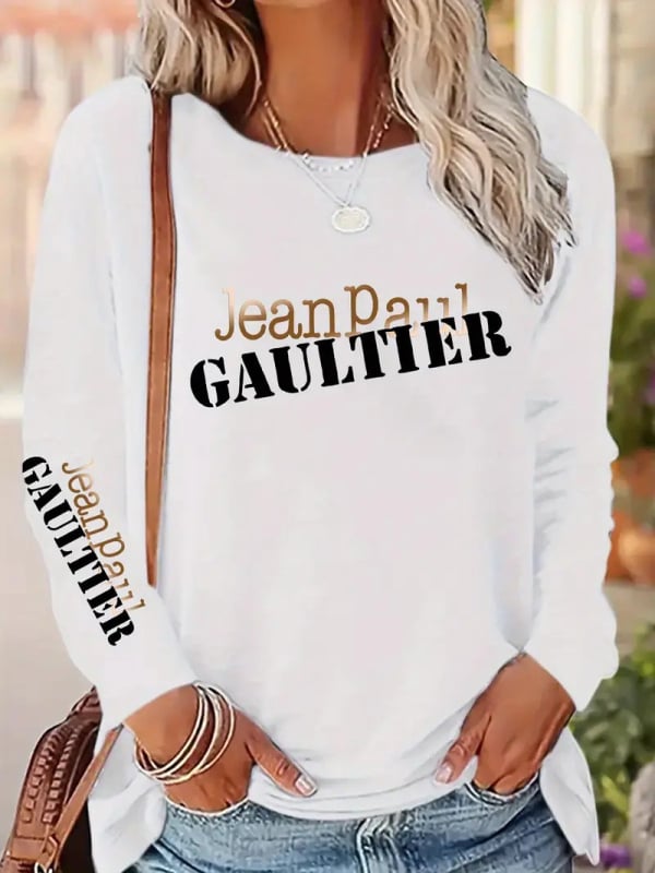 Μοντέρνο μπλουζάκι με μακριά μανίκια από βαμβάκι – gradient print με γράμματα, ψηφιακή άμεση εκτύπωση, στρογγυλός γιακάς, μεσαίου μήκους.