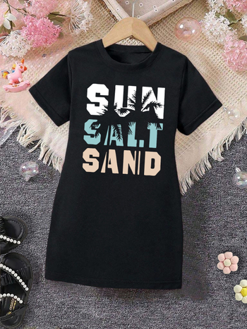 Детска рокля‑Т‑шърт с принт на букви, къс ръкав, кръгло деколте, полиестер‑еластан смес 95%/5%, мека обработка, А‑линия кройка, лято 2025