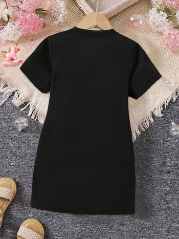 Παιδικό φόρεμα‑Τ‑shirt με εκτύπωση γραμμάτων, κοντά μανίκια, στρογγυλή λαιμόκοψη, πολυεστερ-ελαστάνη 95%/5%, μαλακή υφή, Α‑γραμμή, καλοκαίρι 2025