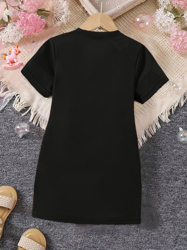 Детска рокля‑Т‑шърт с принт на букви, къс ръкав, кръгло деколте, полиестер‑еластан смес 95%/5%, мека обработка, А‑линия кройка, лято 2025