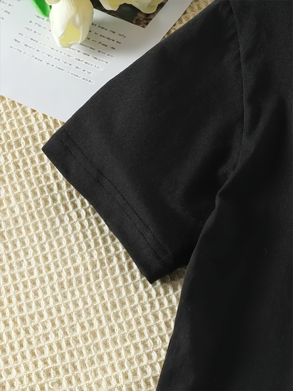 Детска рокля‑Т‑шърт с принт на букви, къс ръкав, кръгло деколте, полиестер‑еластан смес 95%/5%, мека обработка, А‑линия кройка, лято 2025