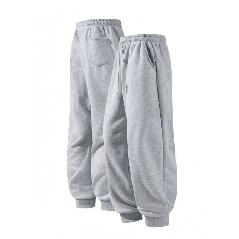 Pantaloni casual sport cu șnur reglabil – croială lejeră, stil retro; bumbac (CVC), lungime 9/10, elasticitate ușoară