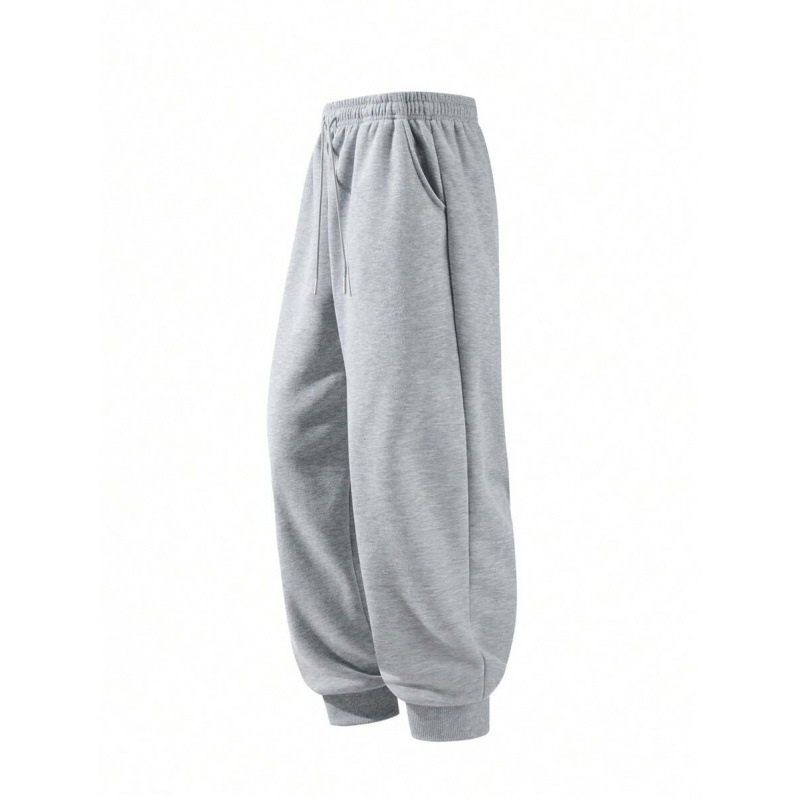 Pantaloni casual sport cu șnur reglabil – croială lejeră, stil retro; bumbac (CVC), lungime 9/10, elasticitate ușoară