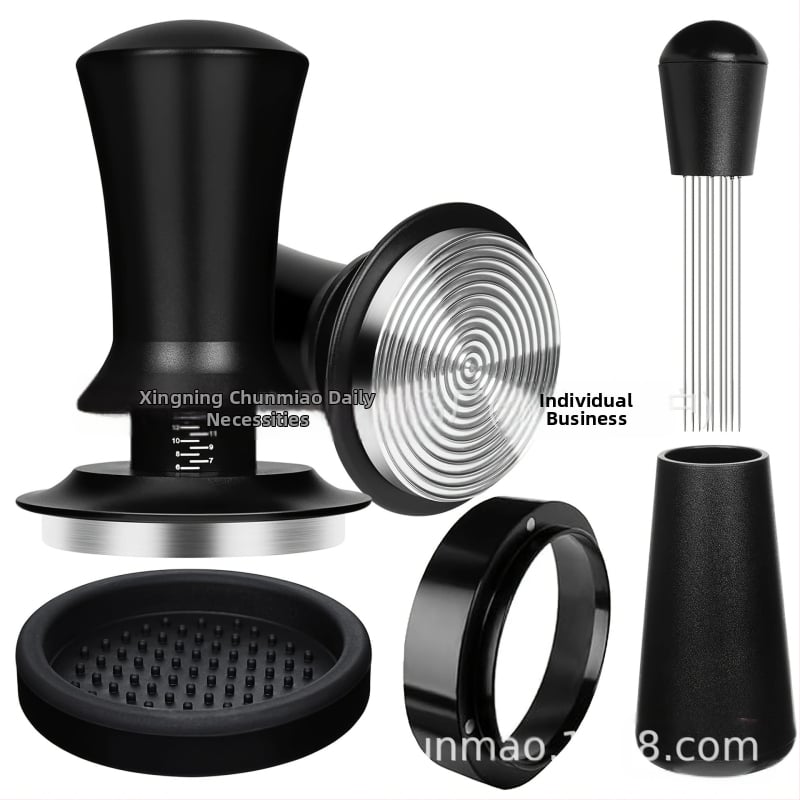 Set de accesorii pentru espresso italian din oțel inoxidabil 304, format din 4 piese: tampare cu scară, ac de distribuție a pulberii, inel magnetic de colectare a pulberii