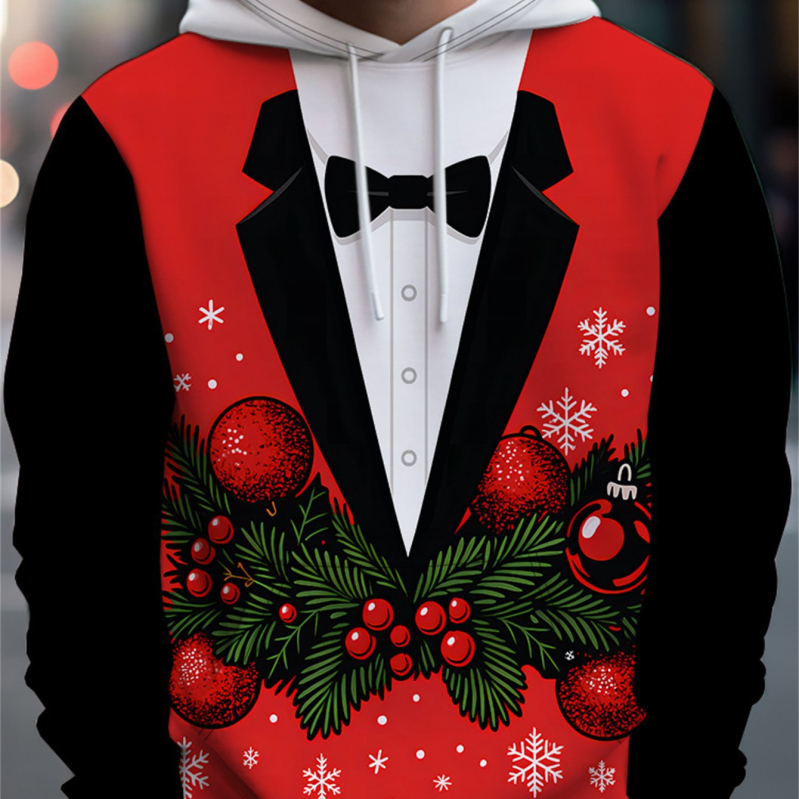 Kapucēta flīsa jaka ar 3D digitālo Ziemassvētku apdruku, Modal fleece audums, ultra īss garums