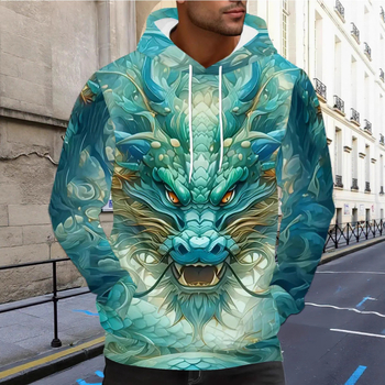 Fleece kapucīnas džemperis – 3D drukas, poliesters 96%+, bieza auduma, brīvs piegriezums