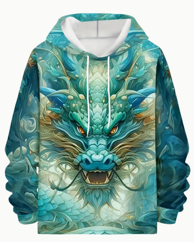 Fleece kapucīnas džemperis – 3D drukas, poliesters 96%+, bieza auduma, brīvs piegriezums