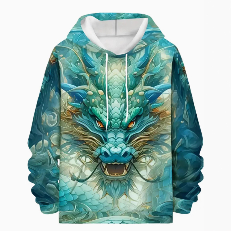 Fleece kapucīnas džemperis – 3D drukas, poliesters 96%+, bieza auduma, brīvs piegriezums