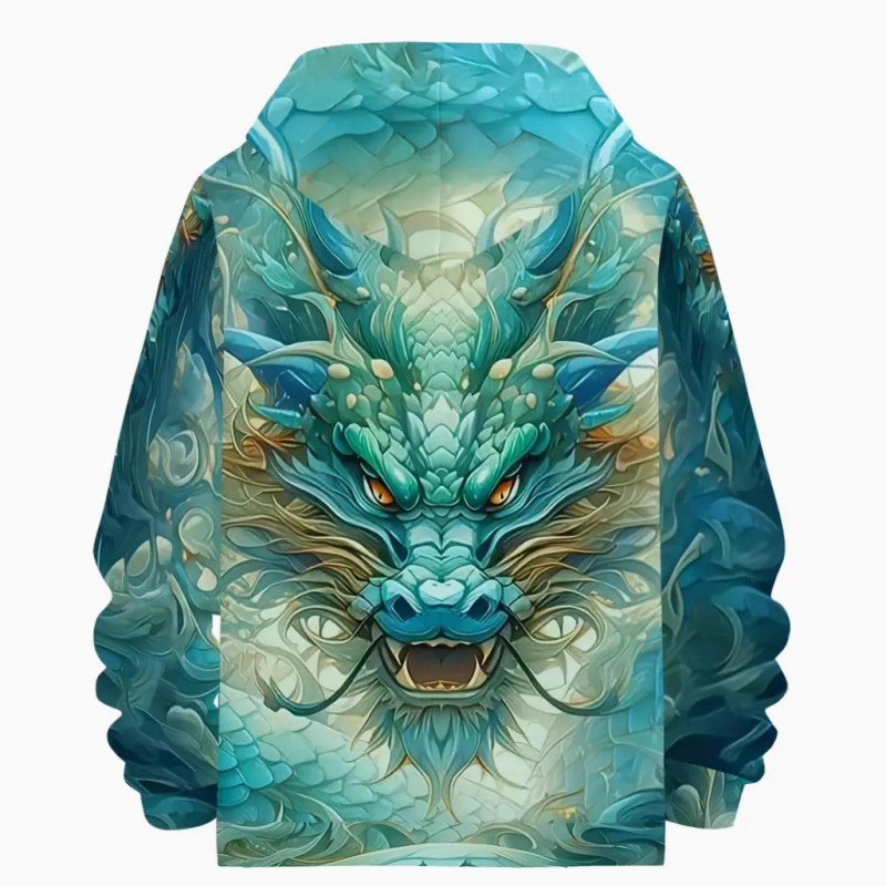 Fleece kapucīnas džemperis – 3D drukas, poliesters 96%+, bieza auduma, brīvs piegriezums