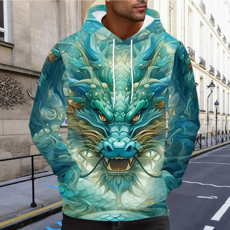 Fleece kapucīnas džemperis – 3D drukas, poliesters 96%+, bieza auduma, brīvs piegriezums