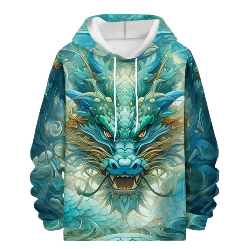 Fleece kapucīnas džemperis – 3D drukas, poliesters 96%+, bieza auduma, brīvs piegriezums