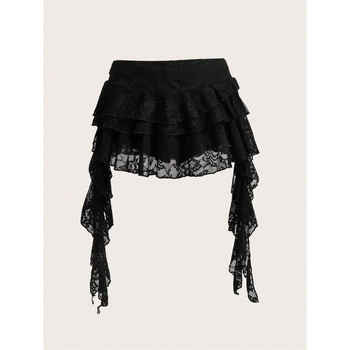 Fustă cu margine dantelată în valuri și șorțuri de siguranță integrate, croială lejeră, bumbac natural CVC, stil retro