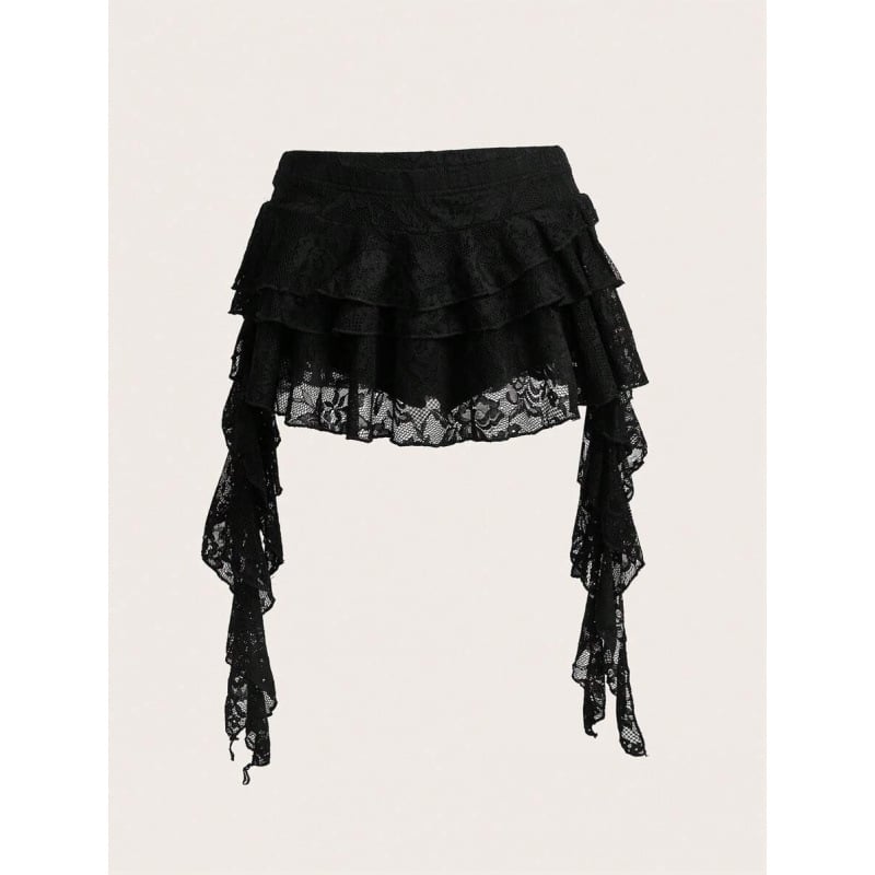 Fustă cu margine dantelată în valuri și șorțuri de siguranță integrate, croială lejeră, bumbac natural CVC, stil retro