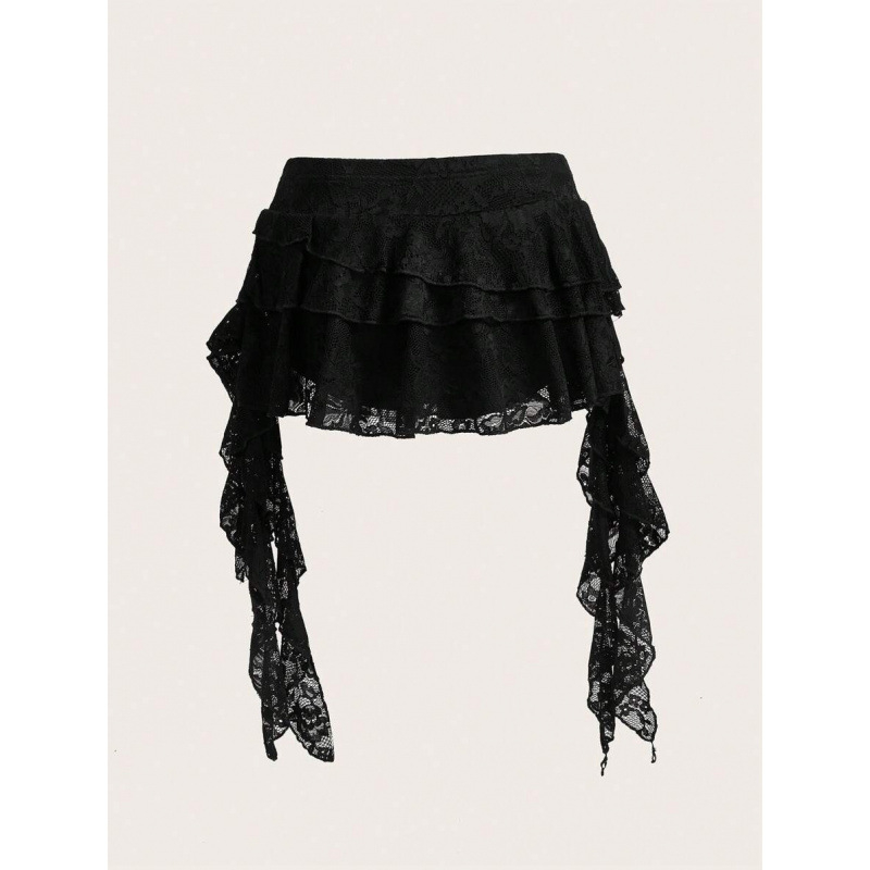 Fustă cu margine dantelată în valuri și șorțuri de siguranță integrate, croială lejeră, bumbac natural CVC, stil retro